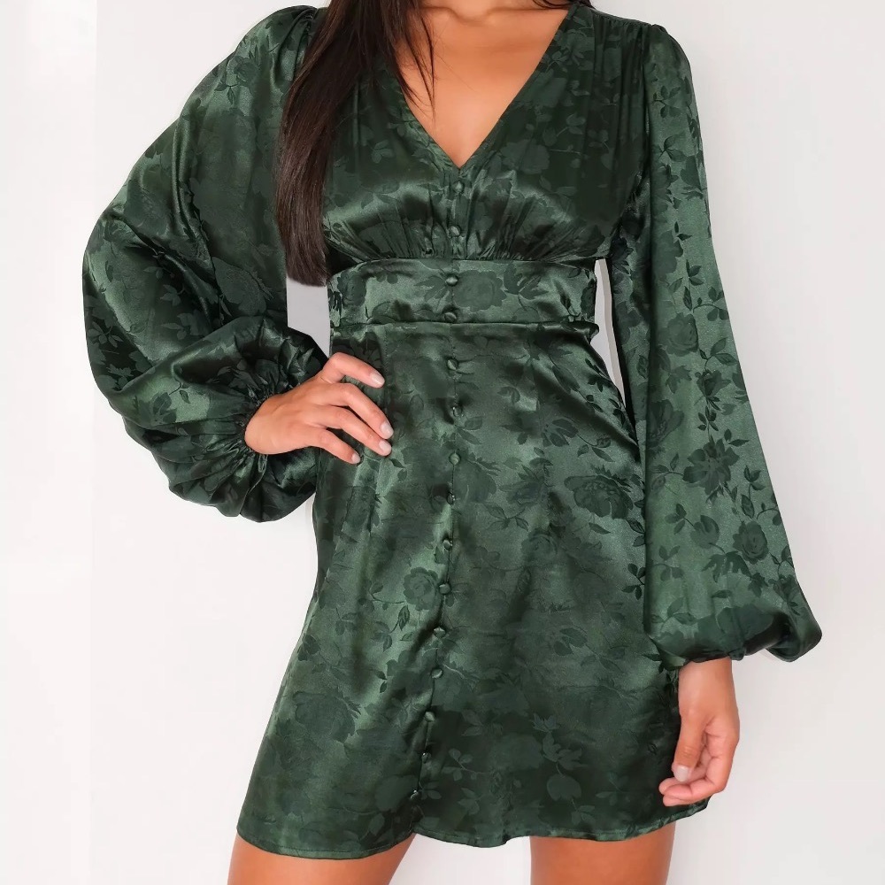 Dark Green Floral Satin V Neck Skater Dress